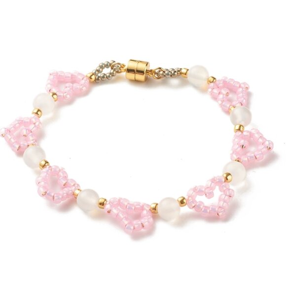 Pretty In Pink Heart seed bead Bracelet, Natural Agate, Easy magnetic Clasp NWOT - Picture 2 of 6